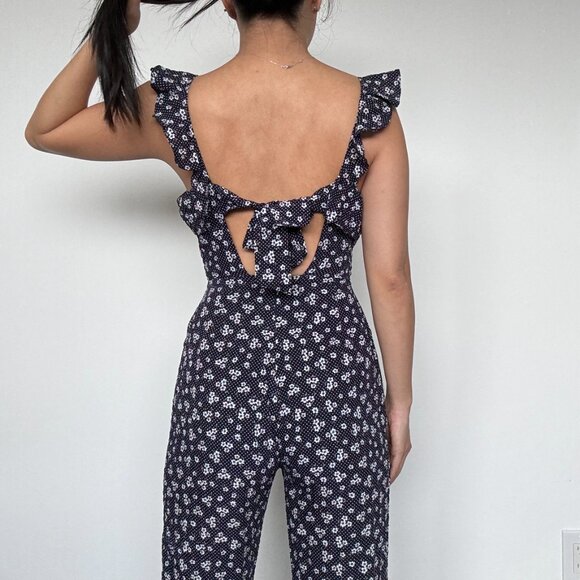 Jumpsuit One piece Summer Navy blue outfit with flower patterns and ruffles - Picture 9 of 12